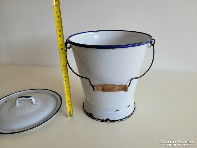 Old blue white enamel wm ladle with lid milk bucket milking bucket enameled Weiss Manfred dish