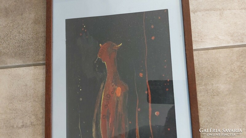 (K) strange abstract painting with devil figure 25x61 cm frame