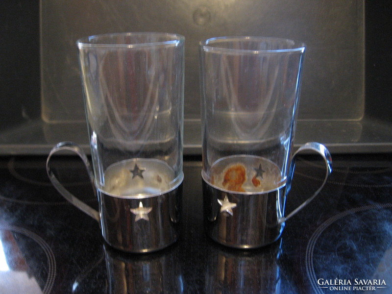Retro üveg ír kávés pohár pár csillagos nemesacél tartóban