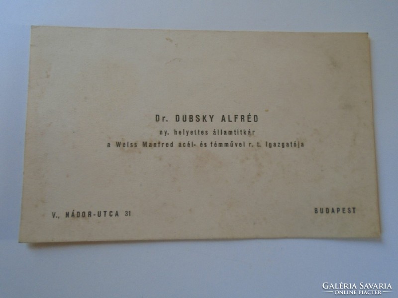 Za418.5 Dr. Alfréd Dubsky - H. Secretary of State - director of the manfréd weiss factory business card 1930's