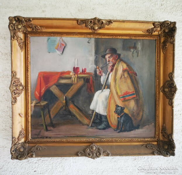 Antique interior wine-drinking pipe-smoking peasant man in the shunt, pub marked Croatian g. Andrew