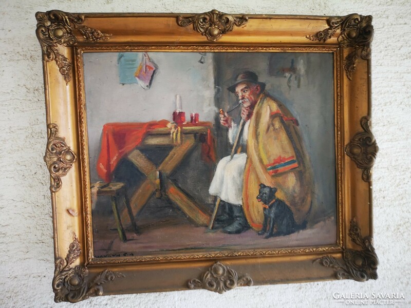 Antique interior wine drinker pipe smoking peasant man in the pub marked in the pub Croatian g. Andrew