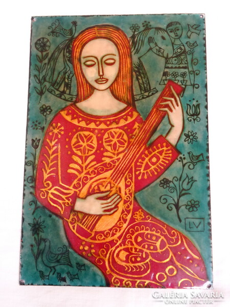 Fire enamel picture /girl with mandolin/ the work of vitus Lőrincz