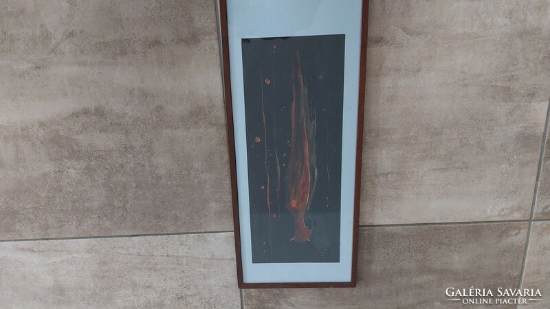 (K) Fura absztrakt festmény ördögi alakkal 25x61 cm kerettel