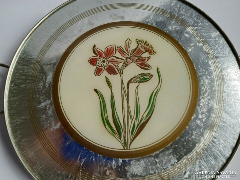 Beautiful metal tray with flower inserts on both sides, 29 cm