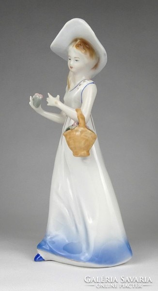 1L710 Jelzett virágkosaras porcelán hölgy figura 24 cm