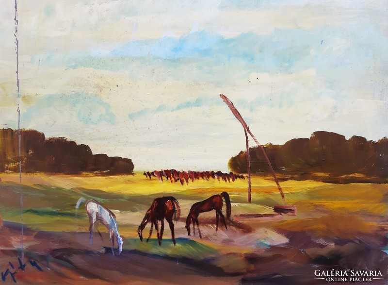 Albert Gábri (1935-2004) horses in a landscape (stud)