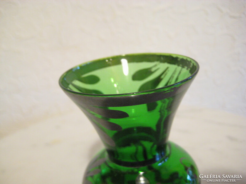Old, hand-painted, green small vase, 5.5 x 8 cm