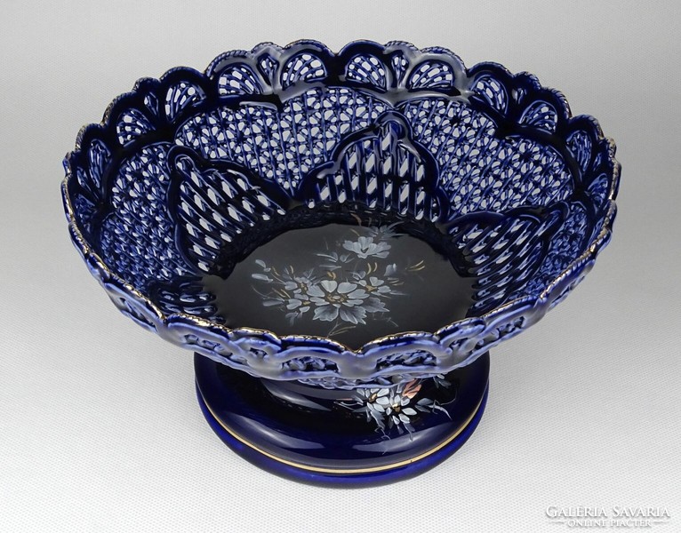 Marked 1M028 large-sized blue openwork porcelain serving basket with stand, table center serving bowl 22.5 Cm