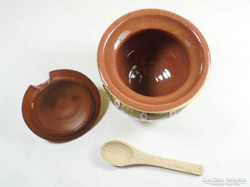 Retro old ceramic sugar holder with wooden spoon folk folk art