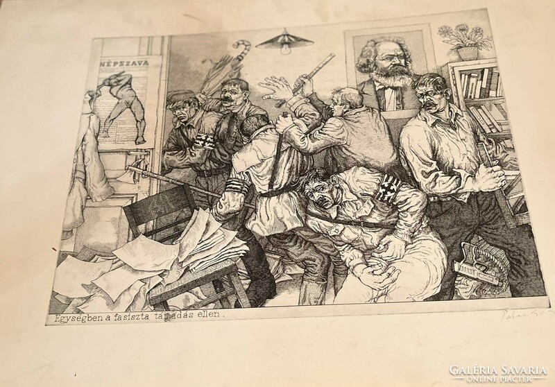Gábor Pásztor: united against the fascist attack / etching /