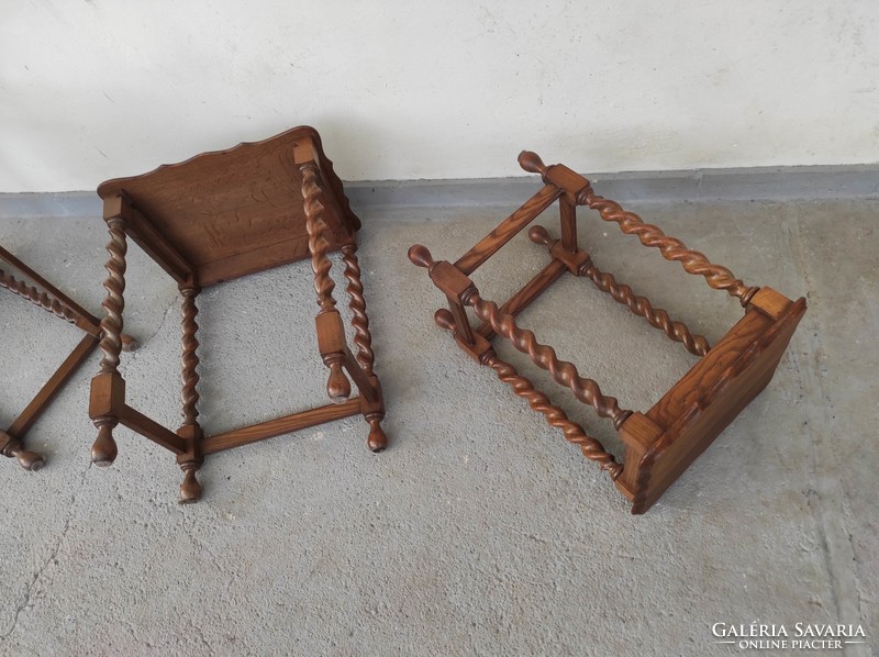 Antik 3 darab faragott fa asztalsor koloniál csavart lábú kis asztal sor 741 6841