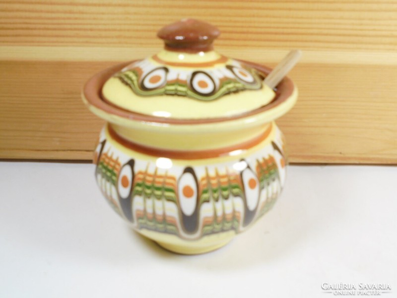 Retro old ceramic sugar holder with wooden spoon folk folk art