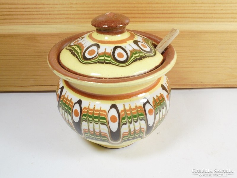 Retro old ceramic sugar holder with wooden spoon folk folk art