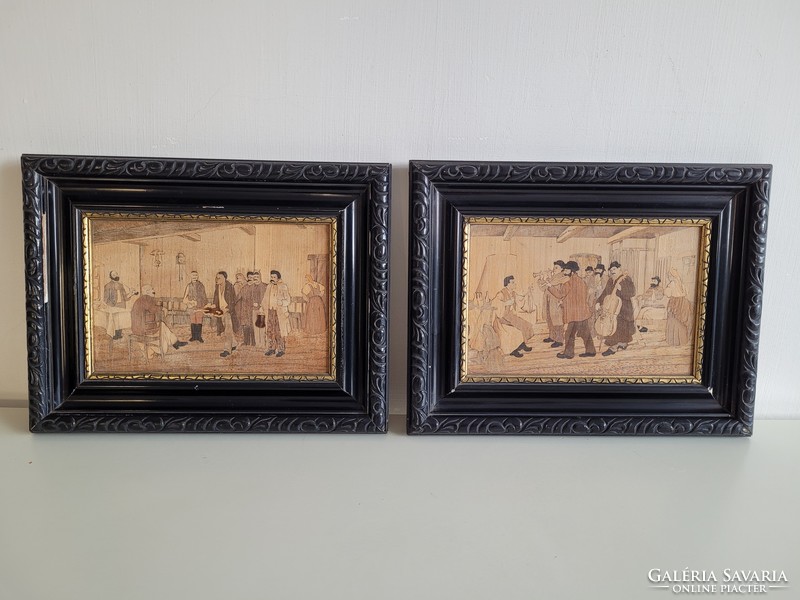 Old 2 framed woodcut wall pictures in a vintage marked marquetry picture frame