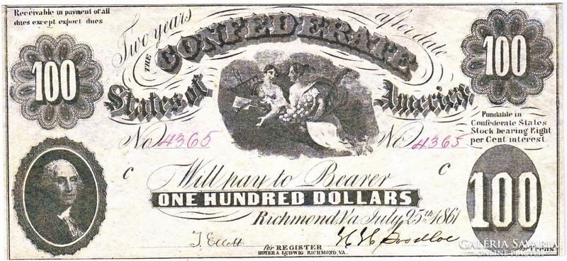 Konföderációs Államok 100 dollár 1861 REPLIKA