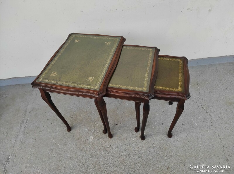 Antique set of 3 green leather tables, push-together small table 758 6840