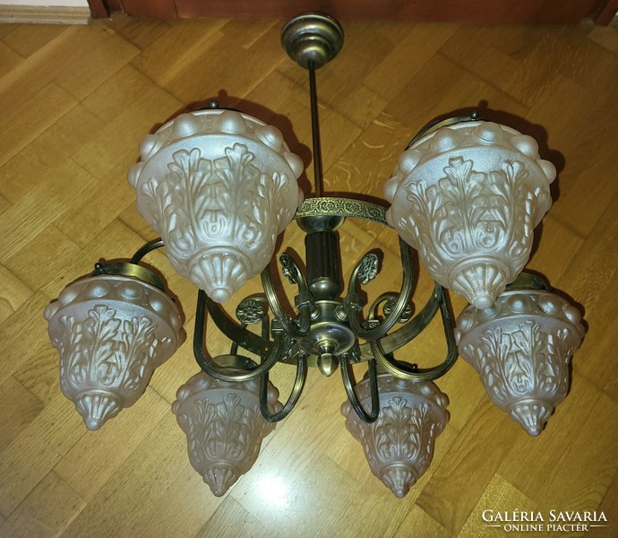 6-arm copper chandelier with glass shade, + 1 plus shade