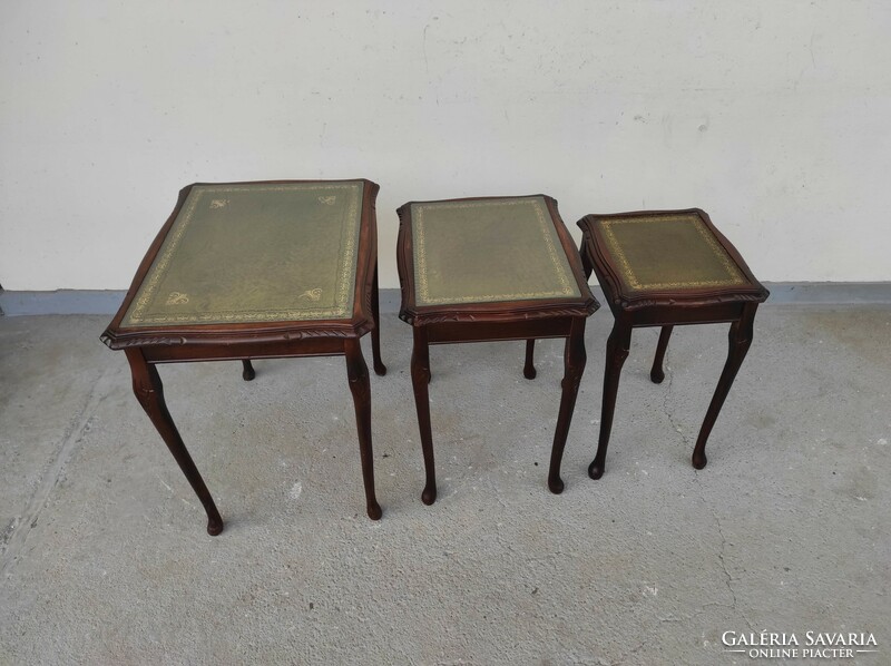 Antique set of 3 green leather tables, push-together small table 758 6840