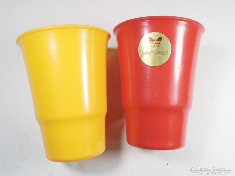 Retro old yellow, red plastic bathroom toothbrush cup pill plastic 2 pcs - circa 1970s