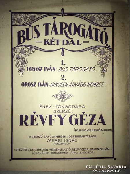 Antik kotta!/1920/ Bús Tárogató.. két dal.Orosz Iván: Bús Tárogató...Orosz Ivàn: Nincsen árvább nemz