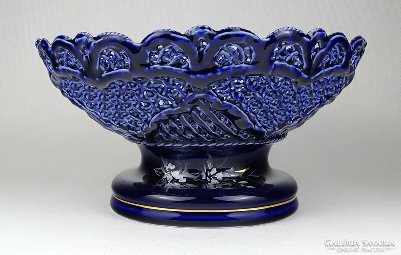 Marked 1M028 large-sized blue openwork porcelain serving basket with stand, table center serving bowl 22.5 Cm