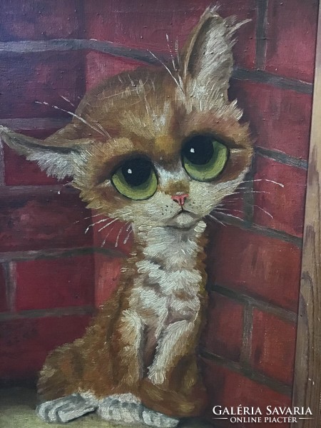 Old hand-painted cat oil painting in wooden frame, on canvas