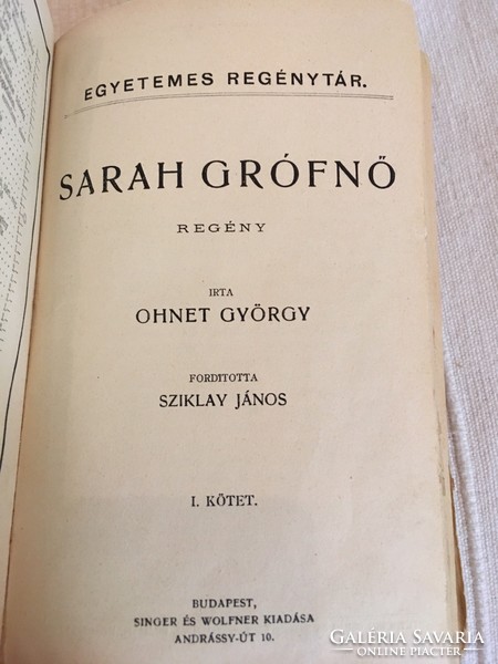 Sarah Grófnő/ Ohnet György,1.. Kötet. 1891,Singer És Wolfner kiadása Budapest