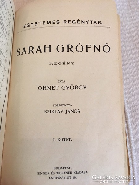 Countess Sarah/ György Ohnet, 1.. Volume. 1891, published by Singer and Wolfner, Budapest