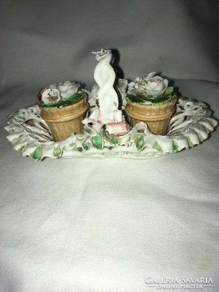 Antique (1800s), porcelain salt and pepper holder! With flowers, floral patterns! With gilded decoration