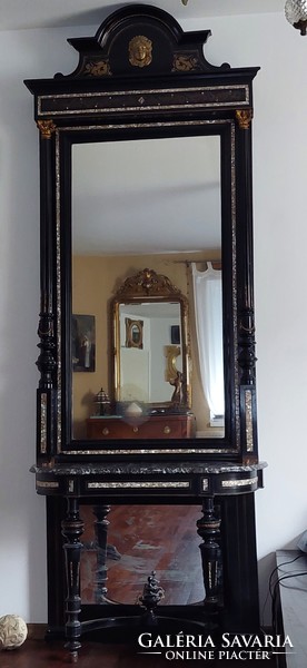 Boulle kastély tükör- francia boulle, konzolasztal tükörrel 263 cm magas