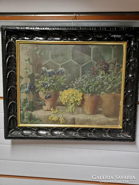 Painter Ida Konek, with graphic mark / titled flowers, oil technique 48x64
