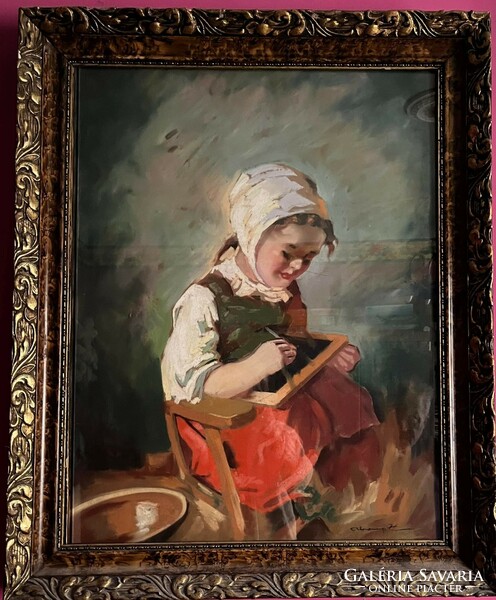 Zoltán Abonyi (1907- ....?) : Little girl with a blackboard