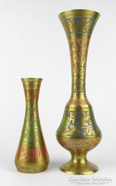 1M021 pair of old painted Indian copper vases 15.5/26 Cm