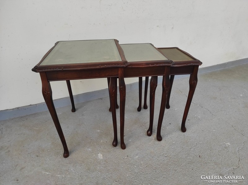 Antique set of 3 green leather tables, push-together small table 758 6840