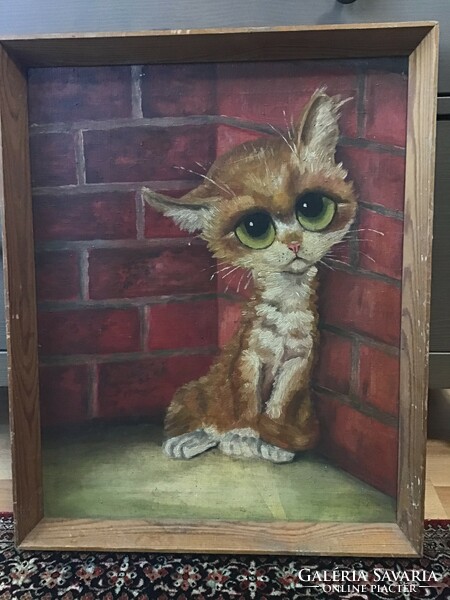 Old hand-painted cat oil painting in wooden frame, on canvas