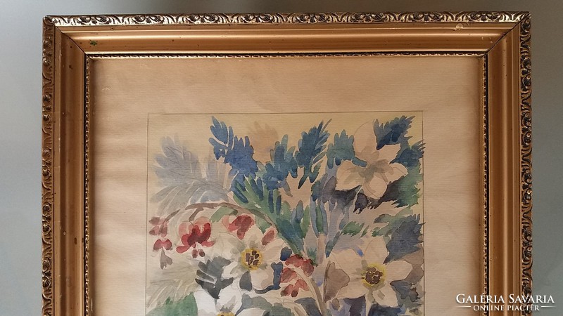 Akvarell virágcsendélet csendélet festmény 46 x 34 cm üvegezett keretben