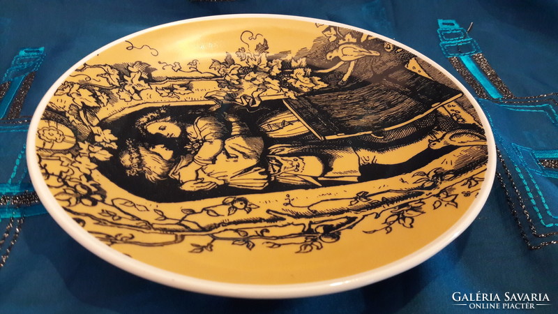 Középkori lovagos, romantikus jelenetes porcelán tányér, falitányér (M3378)