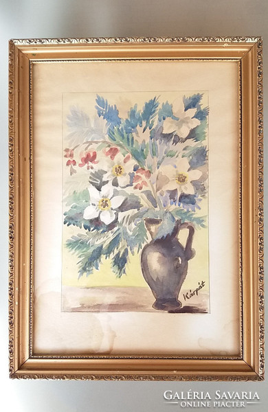 Akvarell virágcsendélet csendélet festmény 46 x 34 cm üvegezett keretben