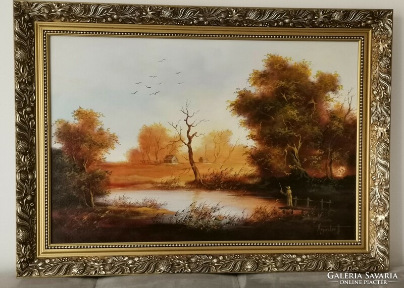 Ágoston Huller's oil painting Autumn Lakeside