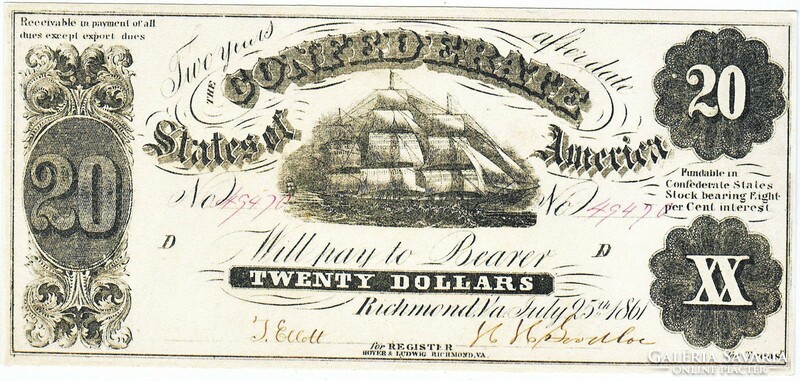 Konföderációs Államok 20 dollár 1861 REPLIKA
