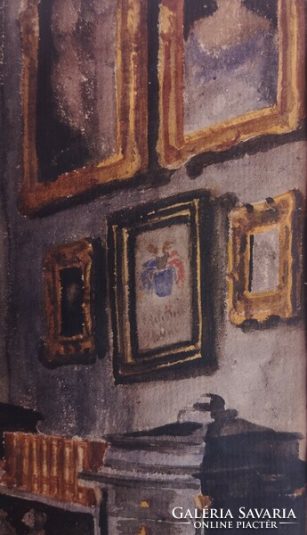 László Burján (1909-...): Aristocratic interior, with a noble coat of arms. Marked painting.