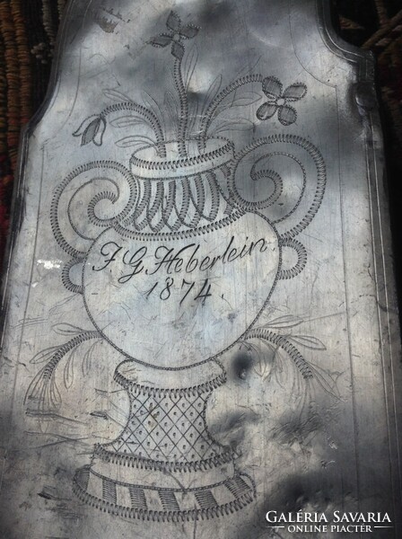 1874 Schraubflasche German Austrian metal tin flask butykos water bottle wine hand engraving signed silver color