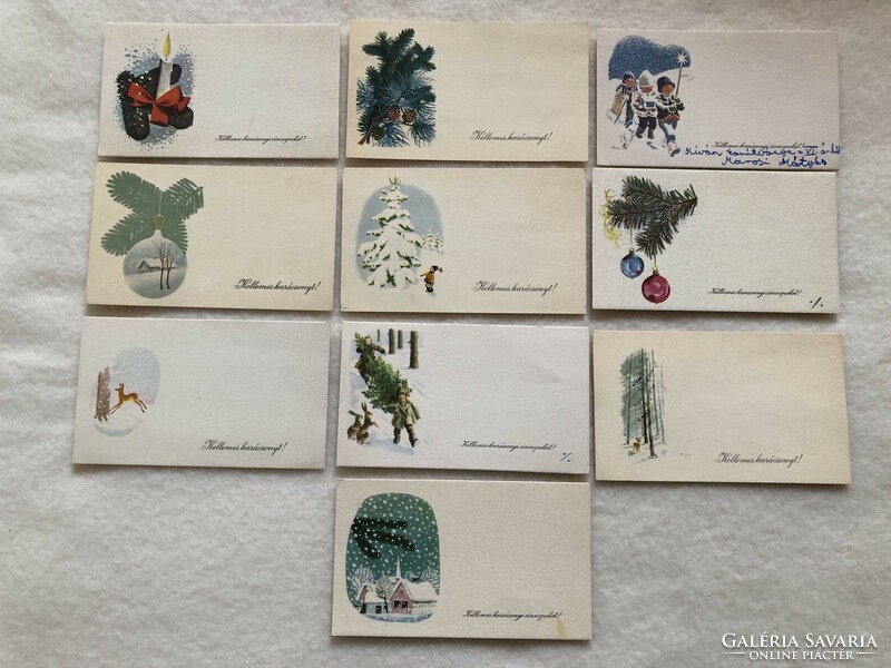 10 db régi rajzos, grafikus Karácsonyi mini képeslap, üdvözlőkártya                -4.