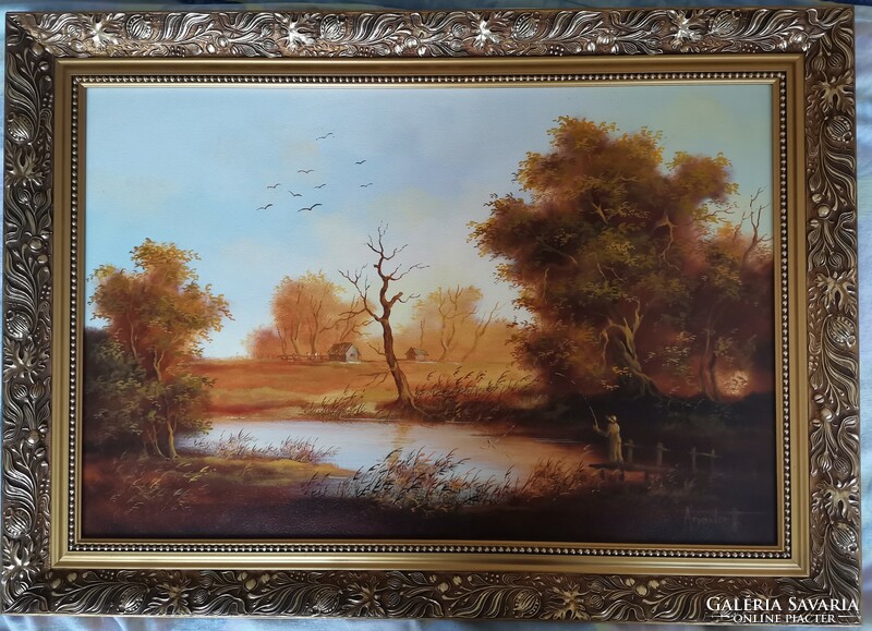 Ágoston Huller's oil painting Autumn Lakeside