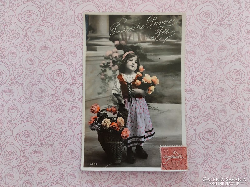 Régi francia képeslap gyerek fotó levelezőlap kislány