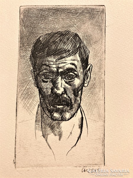 Gábor Gacs (1930-2019): self-portrait - etching, small graphic, marked