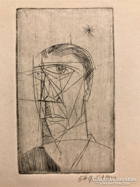 Gábor Gacs (1930-2019): male head - etching, small graphic, marked