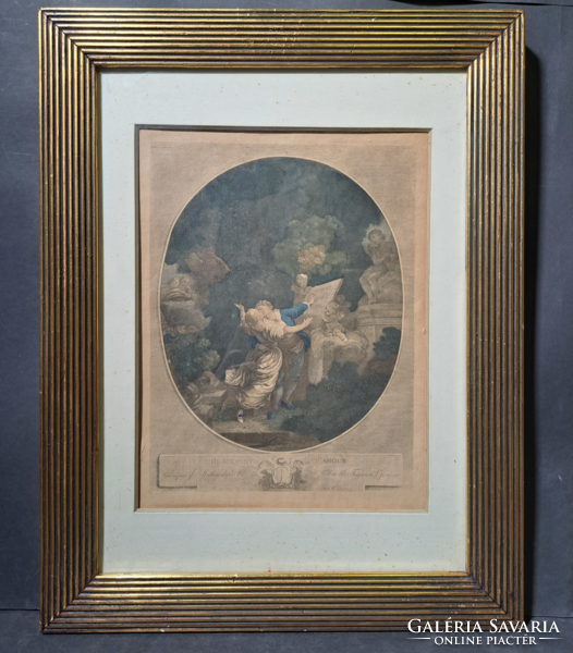 A szerelem esküje - antik rézmetszet - rokokó életkép Fragonard (1732-1806) festménye után
