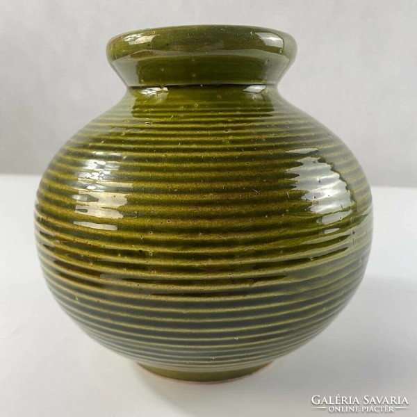 Mid-century "szangha" olívazöld kerámia váza
